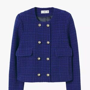 NWT Mango Boucle Tweed Blue Jacket Cropped XXS Gold Buttons New With Tags